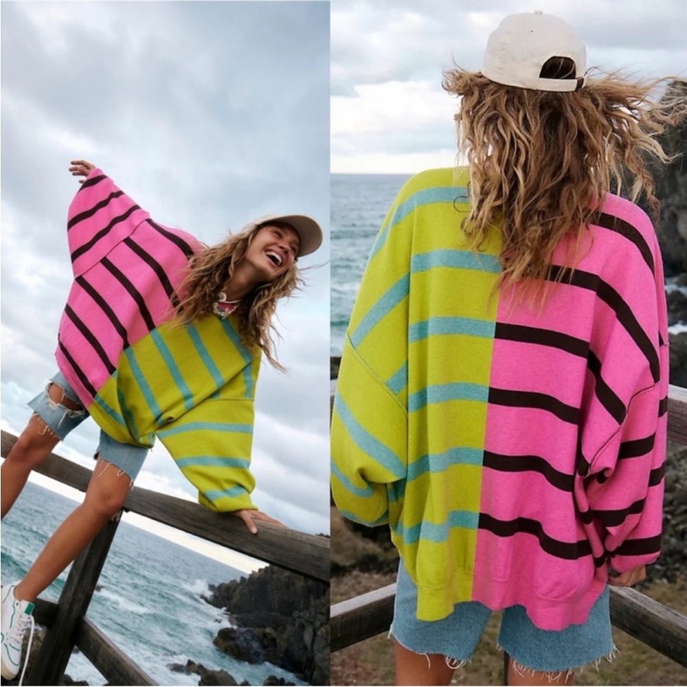 NWT Free People Uptown Stripped Pullover in Aura Lime Combo size S